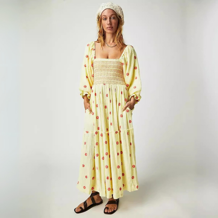 MOIRA™ - Comfy Floral Lantern Sleeve Square Neck Maxi Dress