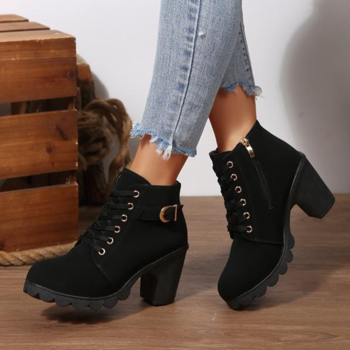 Kyra™ - Chic Lace-Up Metal Buckle Chunky Ankle Boots