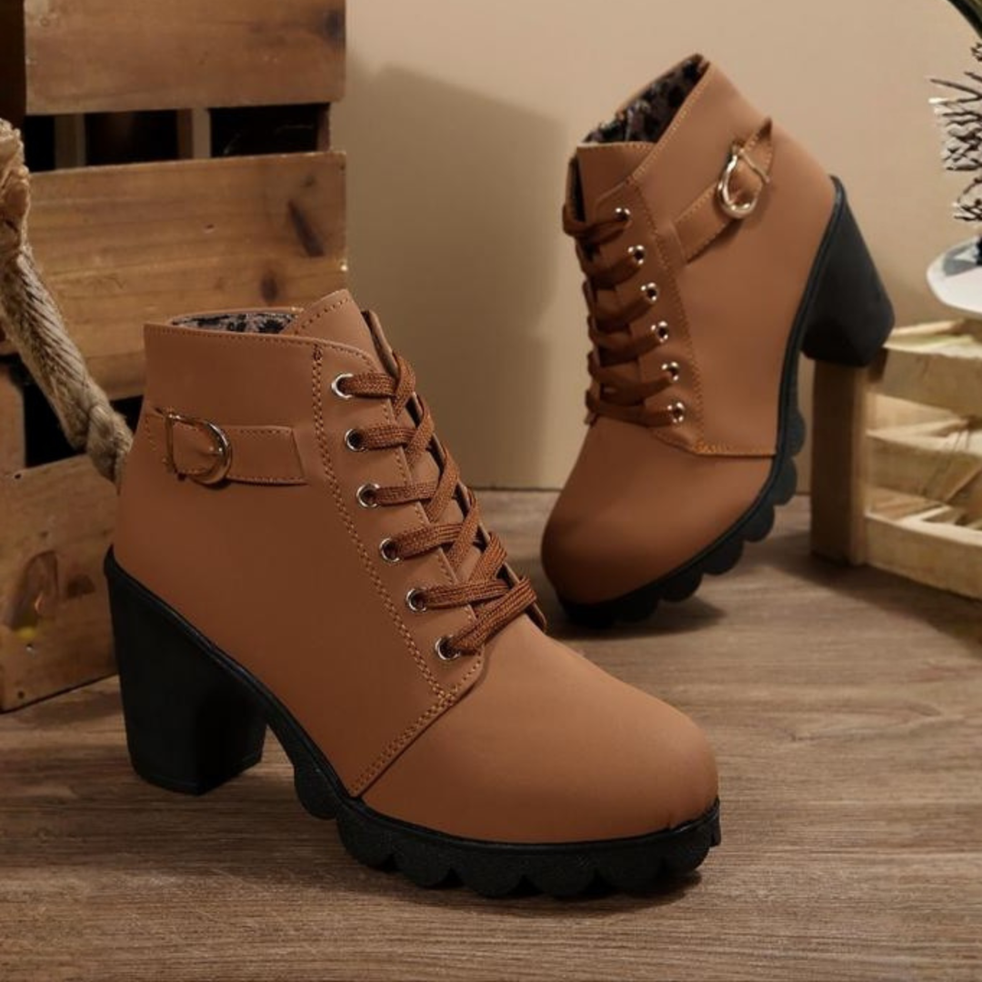 Kyra™ - Chic Lace-Up Metal Buckle Chunky Ankle Boots