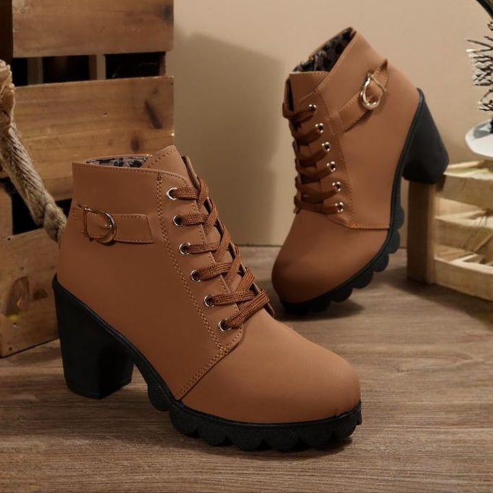 Kyra™ - Chic Lace-Up Metal Buckle Chunky Ankle Boots