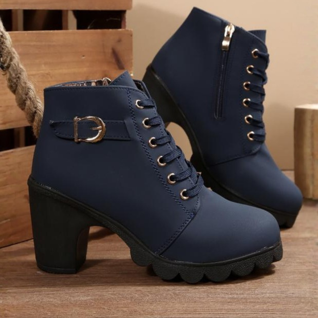 Kyra™ - Chic Lace-Up Metal Buckle Chunky Ankle Boots