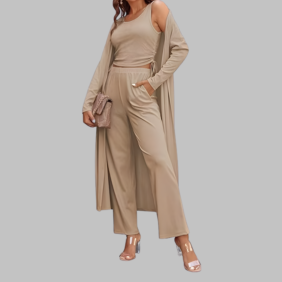 SANORA™ - Casual Lightweight Three Piece Long Cardigan Drawstring Top and Pants Sleepwear