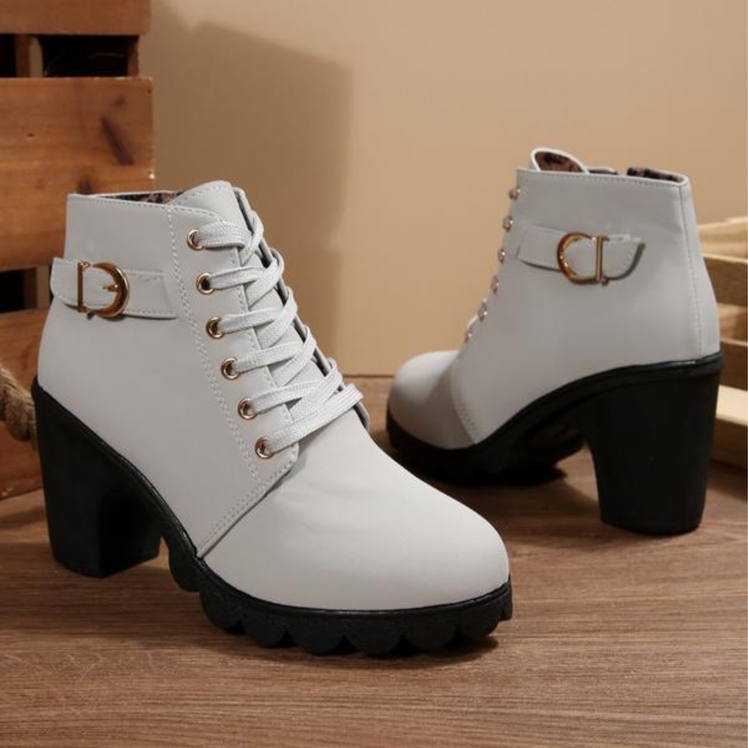 Kyra™ - Chic Lace-Up Metal Buckle Chunky Ankle Boots