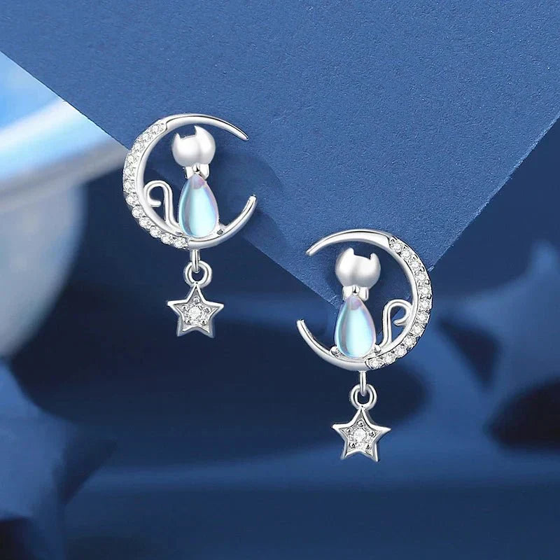 925 Sterling Silver Cat & Night Sky Earrings with Zirconia
