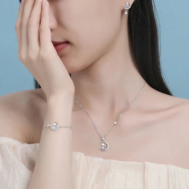 925 Sterling Silver Cat & Night Sky Earrings with Zirconia