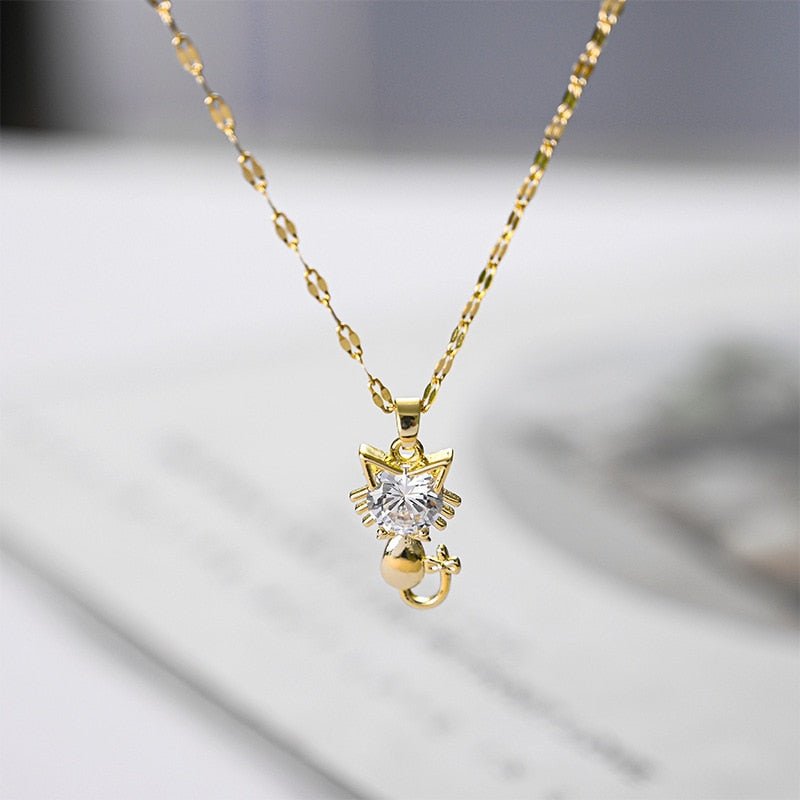 Elegant Gold Cat Necklace with Zircon Accents