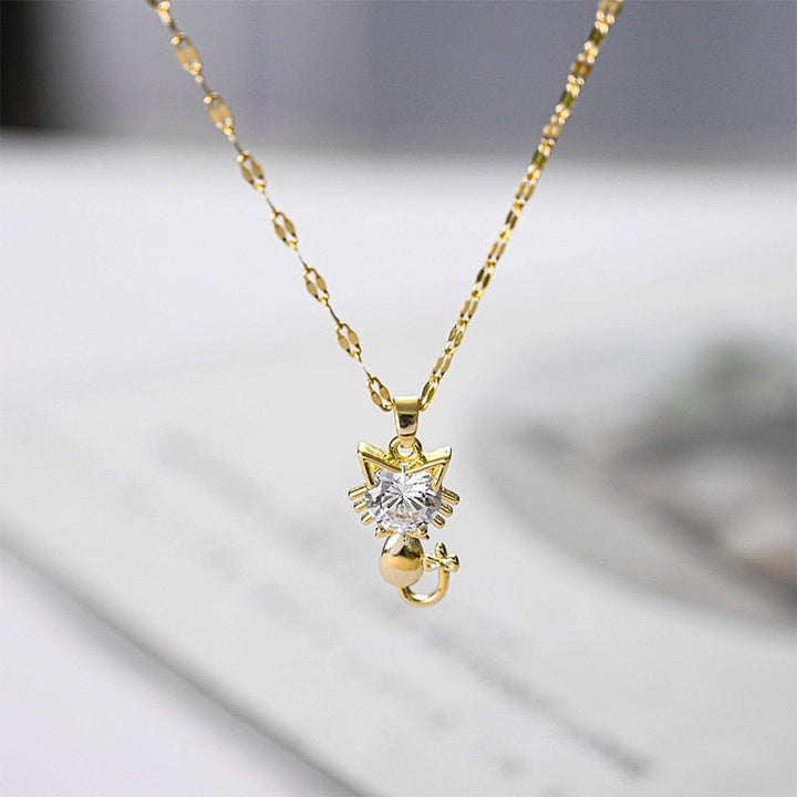 Elegant Gold Cat Necklace with Zircon Accents