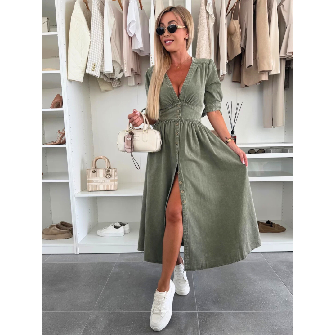 MAELLE™ – Elegant V-Neck Midi Dress