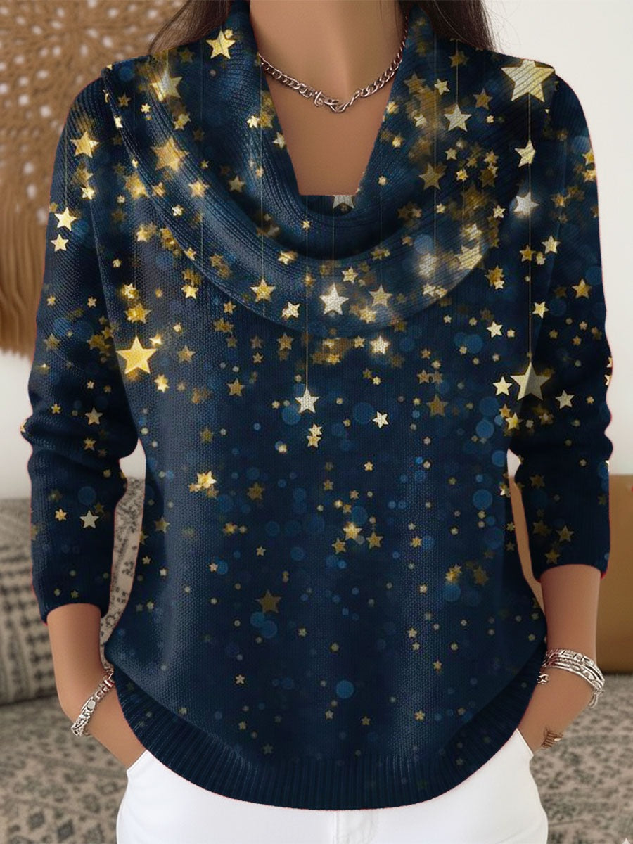 Josie™ - Shiny Stars Print Cowl Neck Sweater