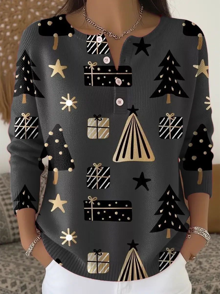 Brianna™ - Christmas Tree Print Casual Cardigan