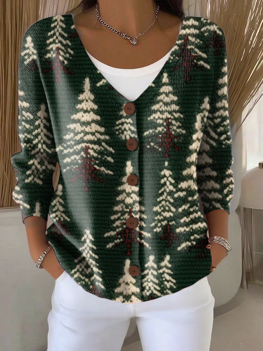 Delilah™ - Christmas Tree Print V-Neck Cardigan