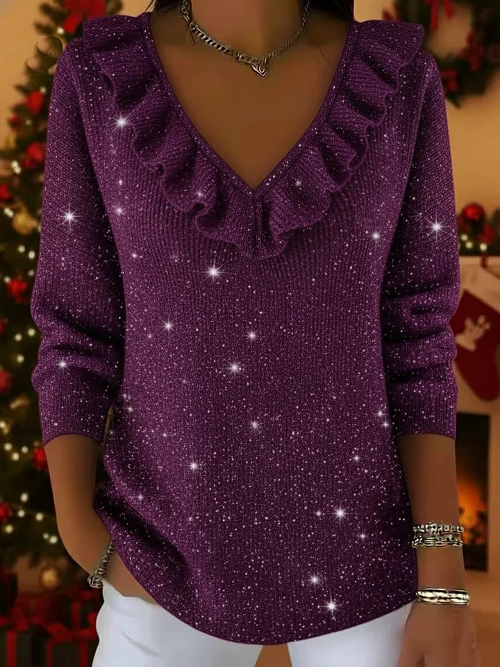 Allison™ - Christmas V-Neck Ruffled Sparkle Sweater