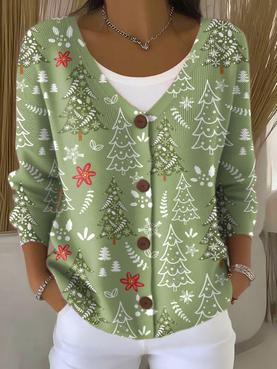 Reese™ - Christmas Tree Print V-Neck Cardigan