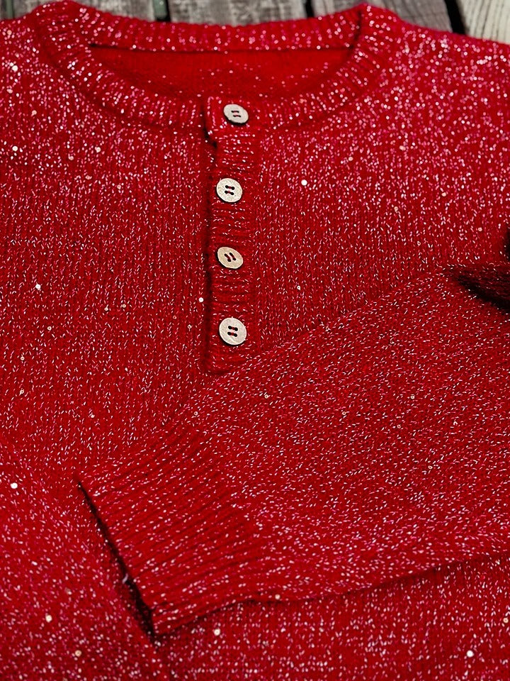 Stella™ - Women's Shiny Henley Neck Solid Color Sweater Top