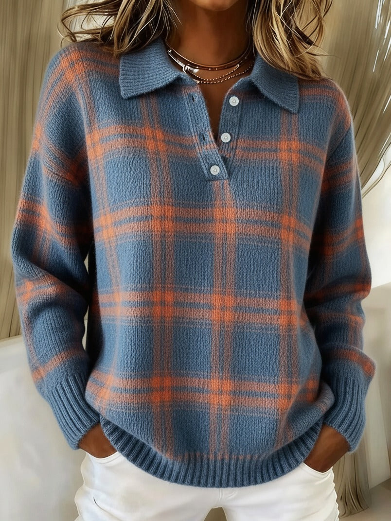 Clara™ - Casual Plaid Contrast Polo Sweater
