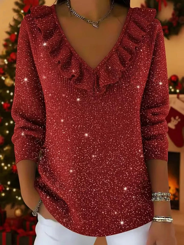Allison™ - Christmas V-Neck Ruffled Sparkle Sweater