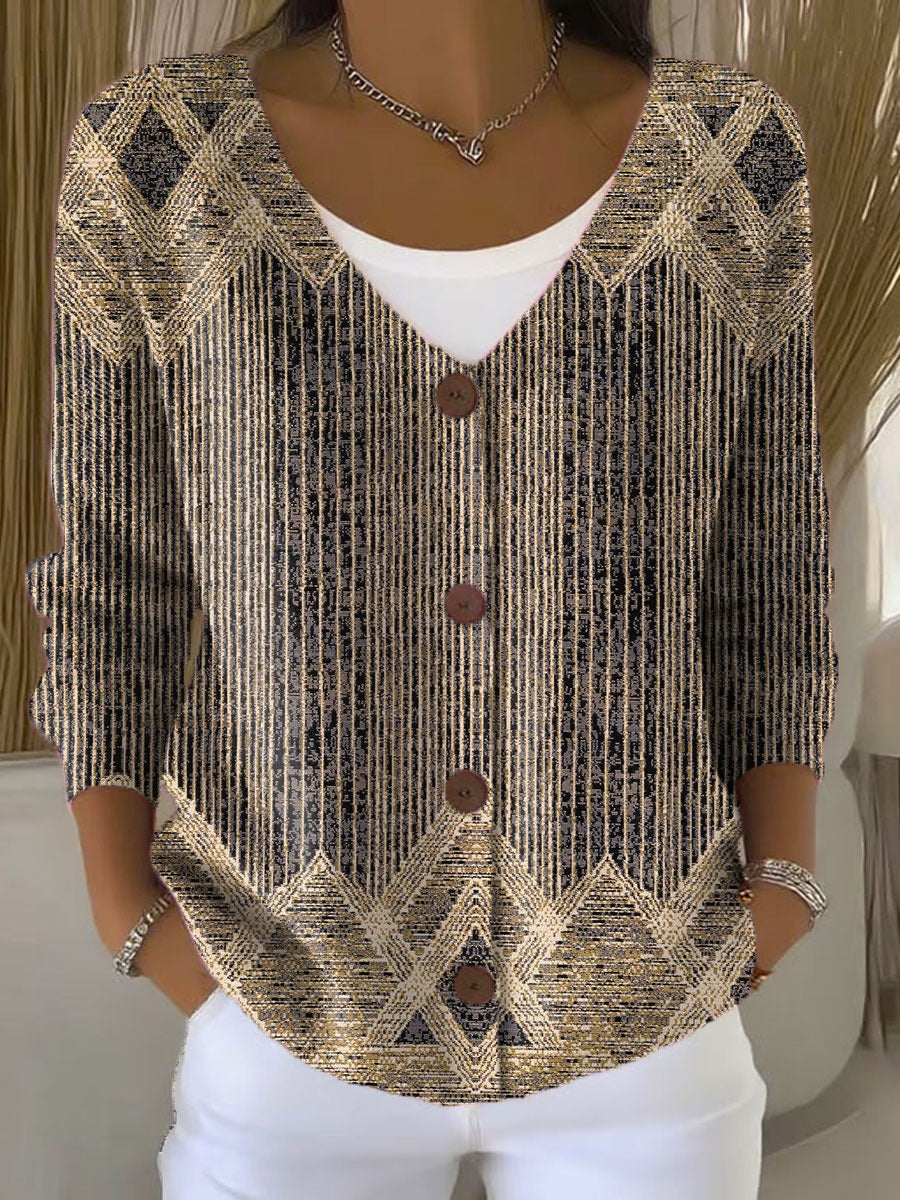 Sophie™ - Vintage Abstract Geometry Art Print Buttoned V-neck Cardigan Sweater