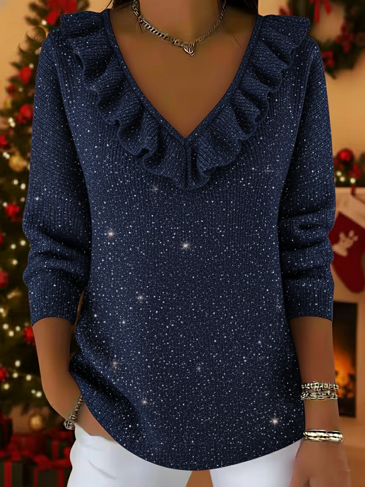 Allison™ - Christmas V-Neck Ruffled Sparkle Sweater
