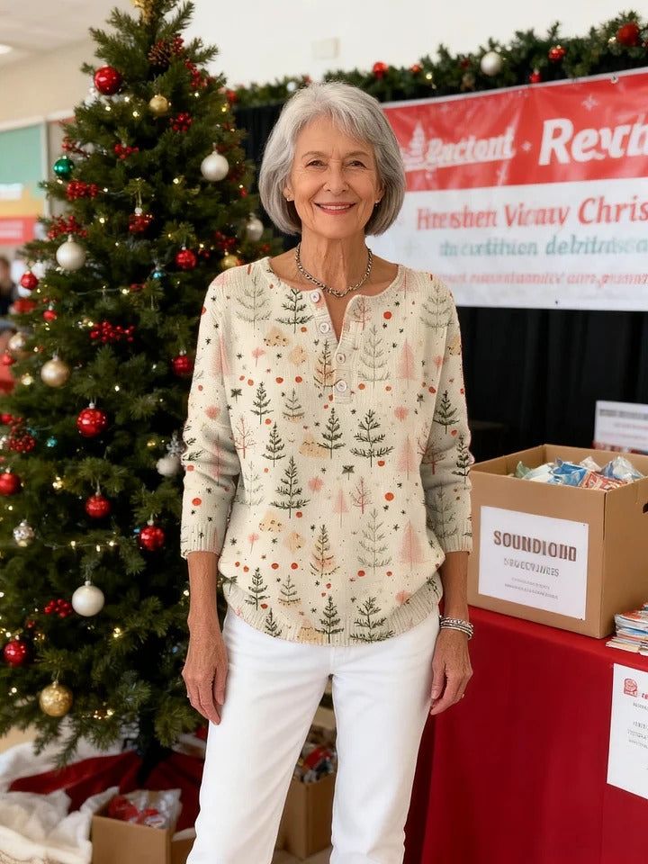 Chloe™ - Women's Christmas Tree Art Print Buttoned Cardigan Sweater