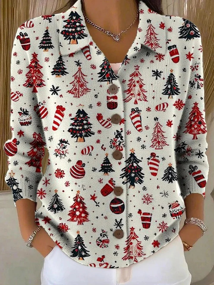 Aurora™ - Christmas Tree Print Buttoned Cardigan