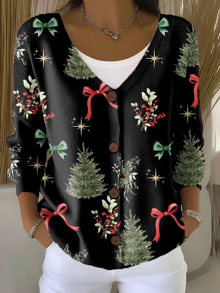 Alice™ - Vintage Christmas Print Buttoned Cardigan