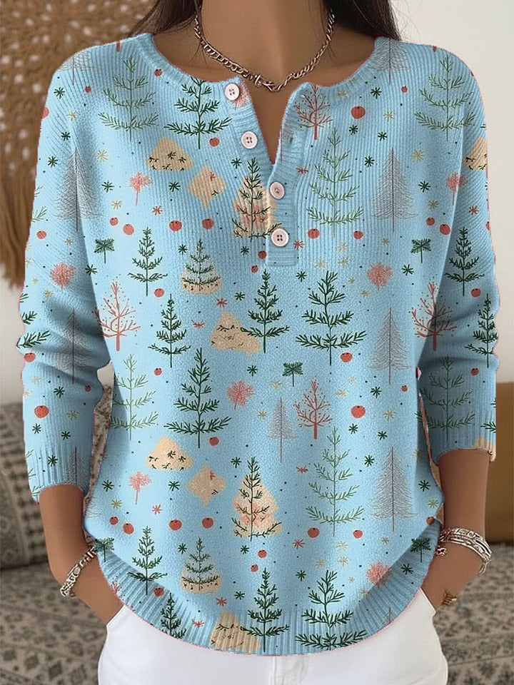 Chloe™ - Women's Christmas Tree Art Print Buttoned Cardigan Sweater