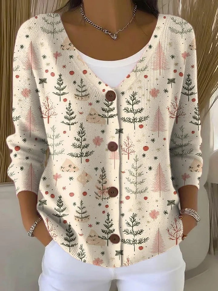 Chloe™ - Women's Christmas Tree Art Print Buttoned Cardigan Sweater