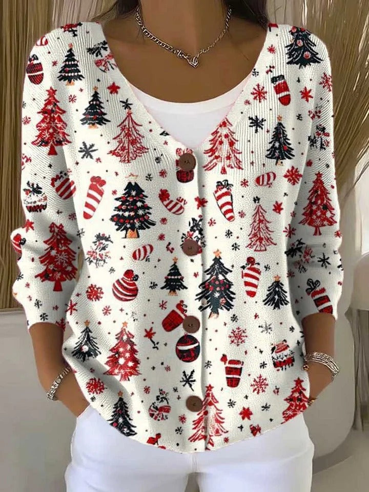 Aurora™ - Christmas Tree Print Buttoned Cardigan