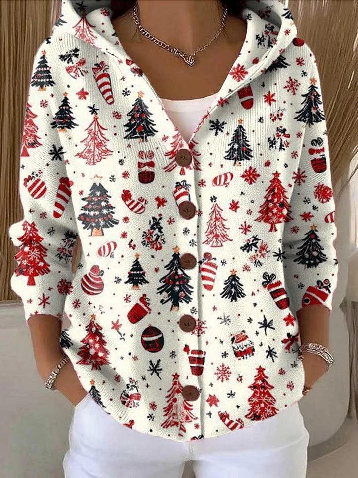 Aurora™ - Christmas Tree Print Buttoned Cardigan