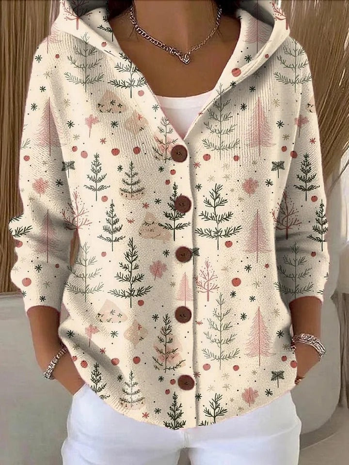 Chloe™ - Women's Christmas Tree Art Print Buttoned Cardigan Sweater