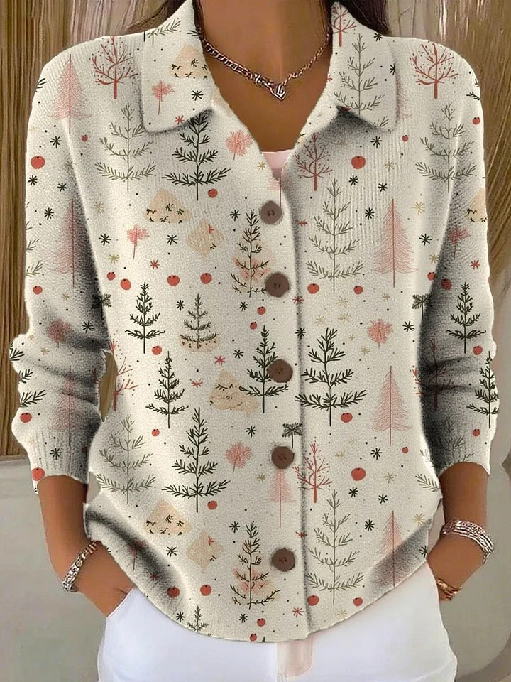 Chloe™ - Women's Christmas Tree Art Print Buttoned Cardigan Sweater