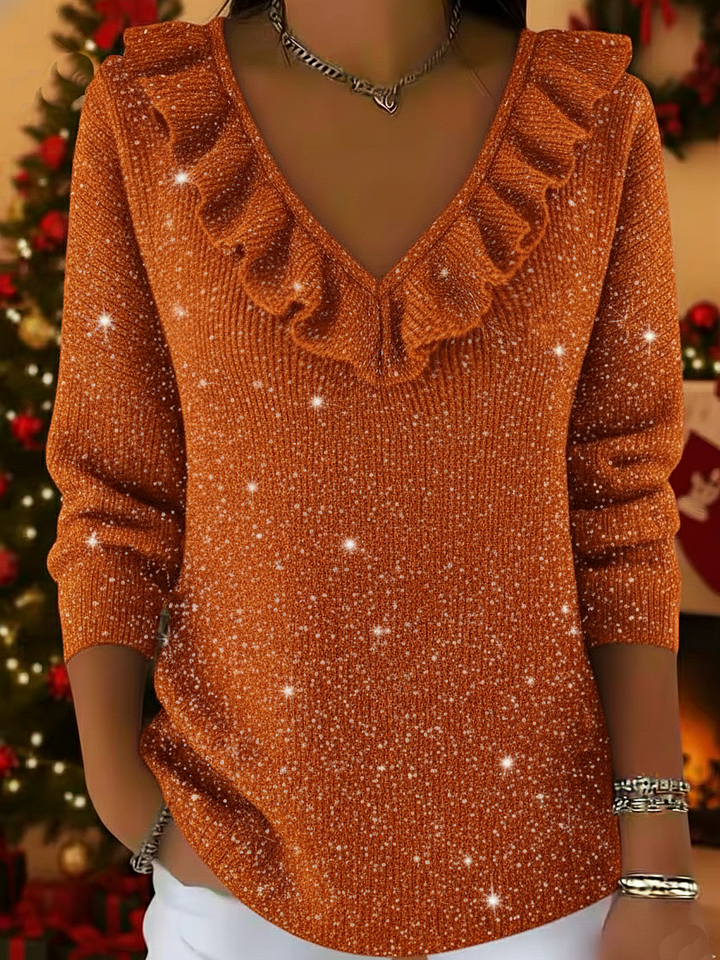 Allison™ - Christmas V-Neck Ruffled Sparkle Sweater
