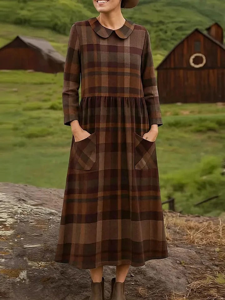 Addison™ - Women's Plaid Print Peter Pan Collar Long Sleeve Casual Loose Dress