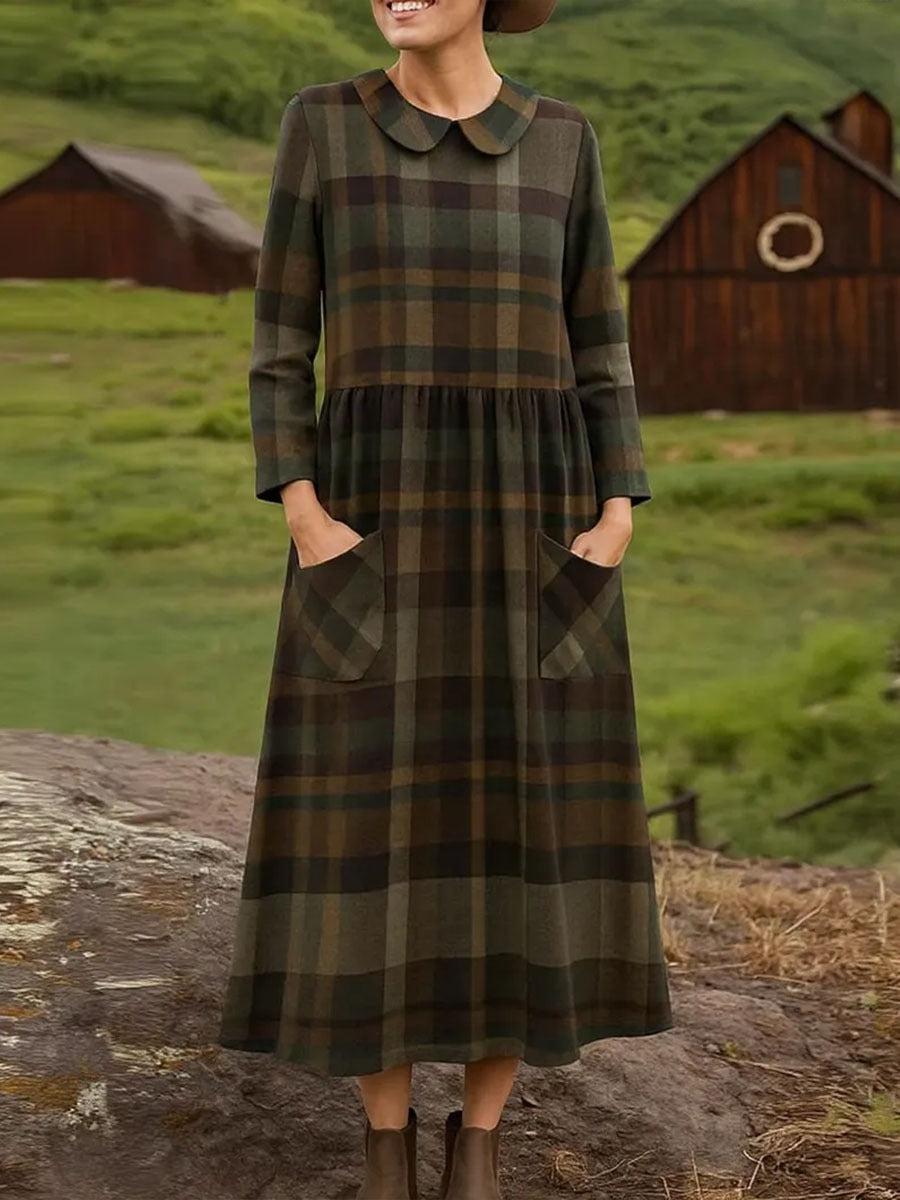 Addison™ - Women's Plaid Print Peter Pan Collar Long Sleeve Casual Loose Dress