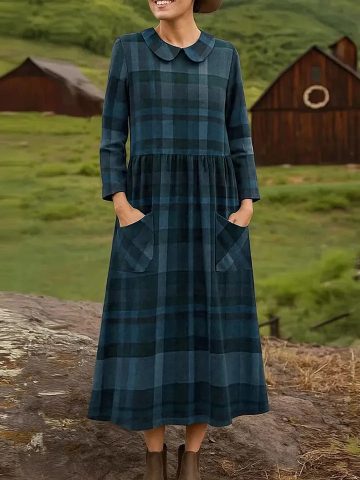 Addison™ - Women's Plaid Print Peter Pan Collar Long Sleeve Casual Loose Dress