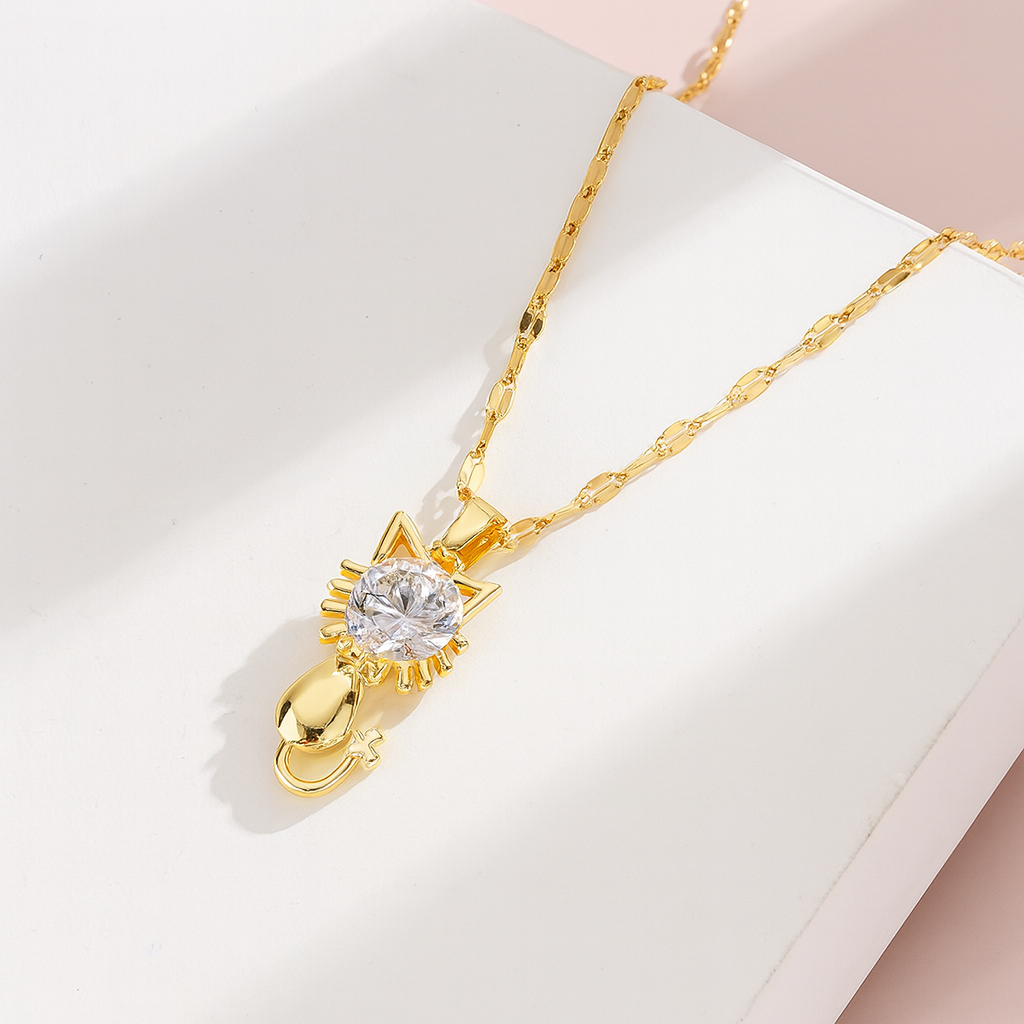 Elegant Gold Cat Necklace with Zircon Accents